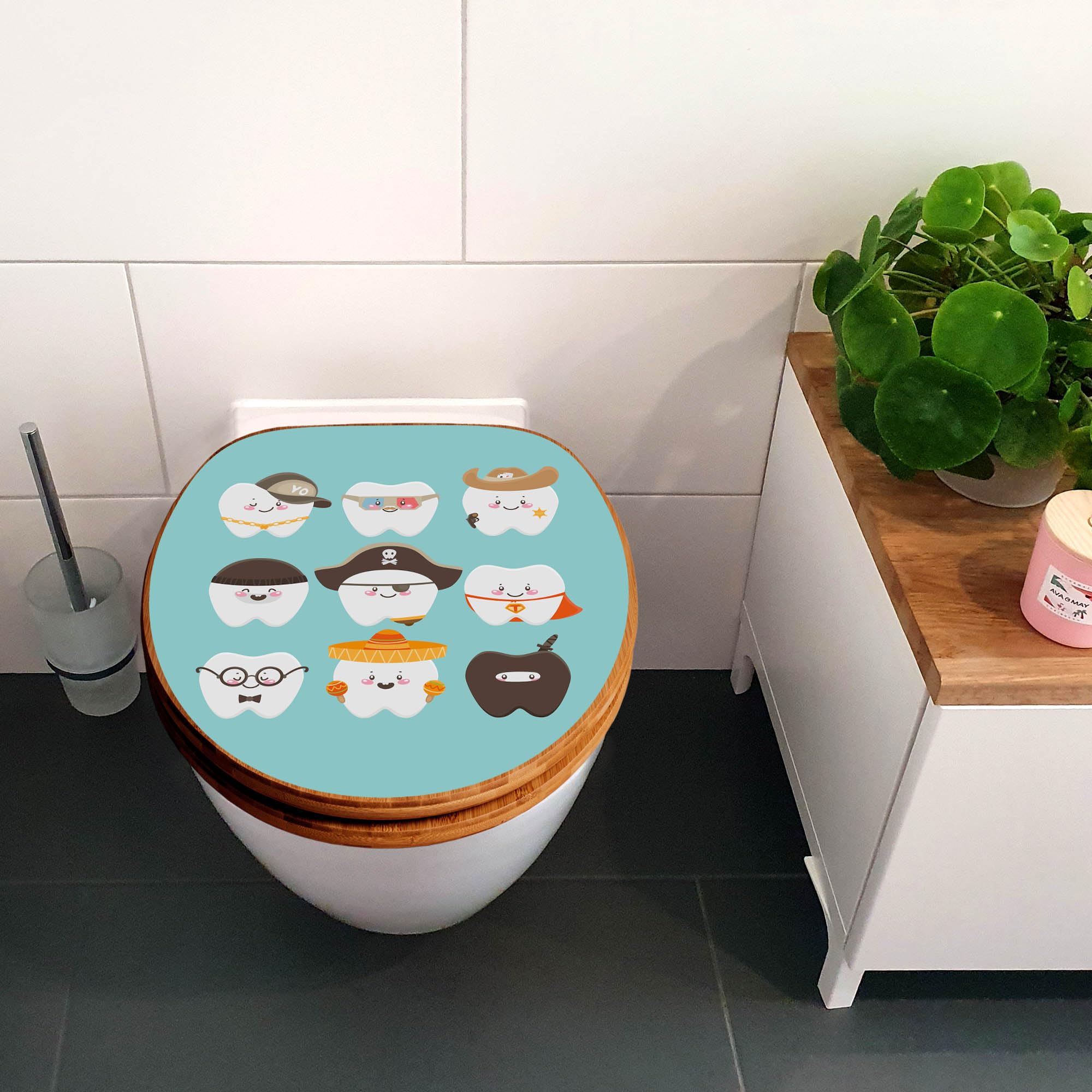 banjado Design WC Sitz Bambus Absenkautomatik 45,8x37,5cm - Toilettendeckel mit Absenkautomatik Holz - hochwertiger Bambus Klodeckel - WC-Sitz für gängigen Toiletten - Motiv Neun Zähne