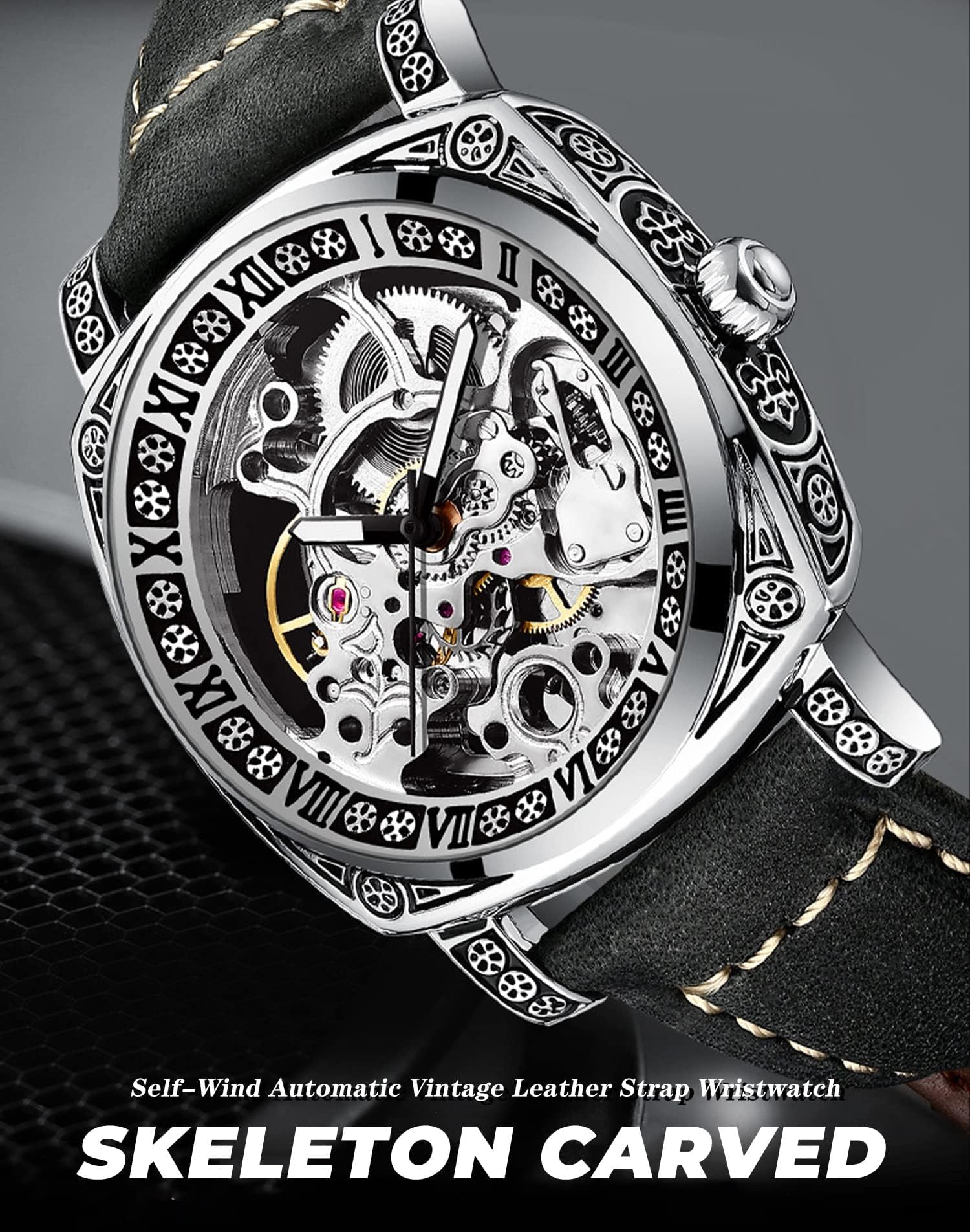 Reloj mecánico retro cuadrado de lujo para hombre, magnífico esqueleto hueco tallado automático relojes vintage correa de cuero reloj de pulsera plateado Dail correa negra, plateado, 8