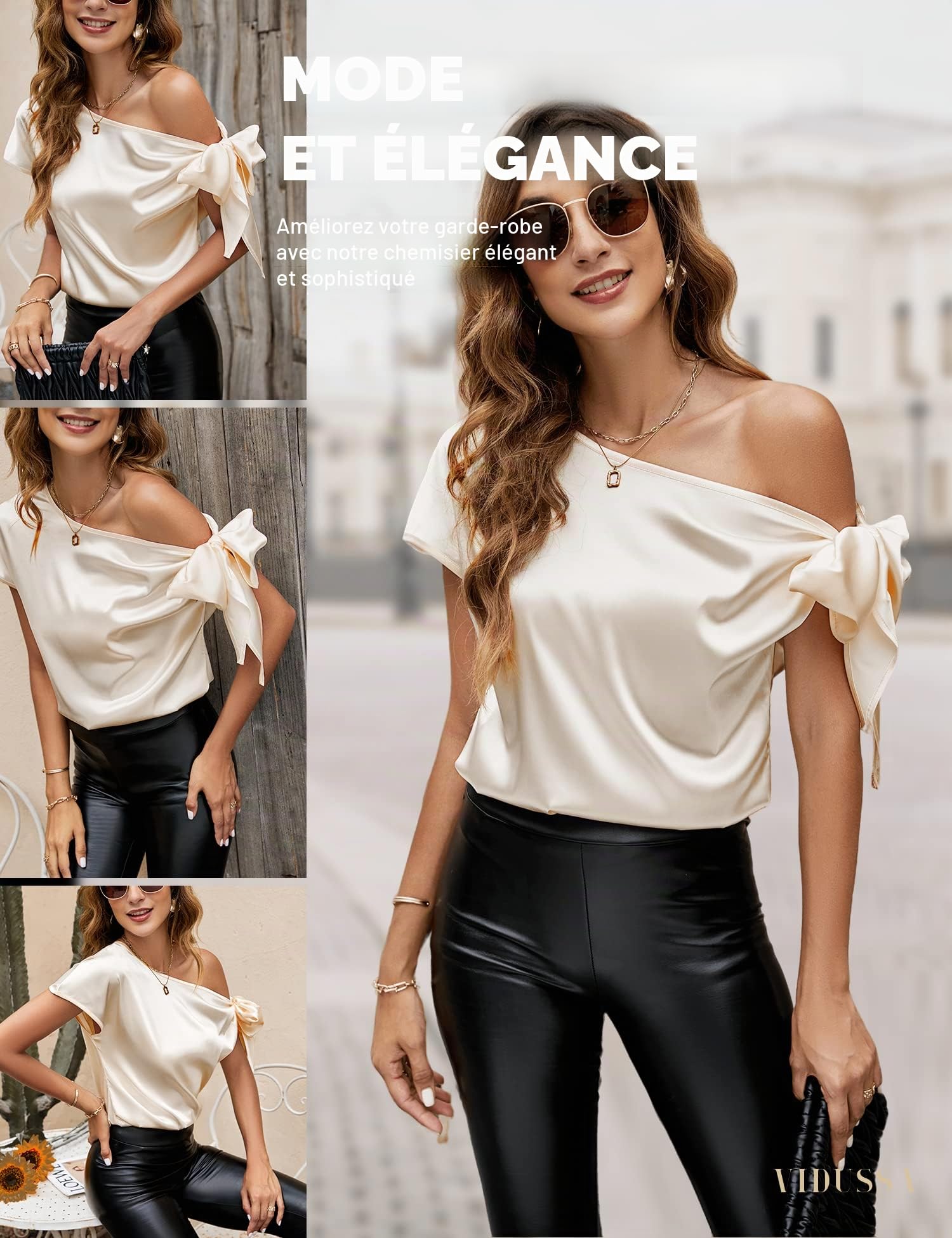 VIDUSSA Satin Chemisiers Blouses Femme Épaule décolletée Chemise Chic Élégante Casual Soie Shirts Tops Hauts