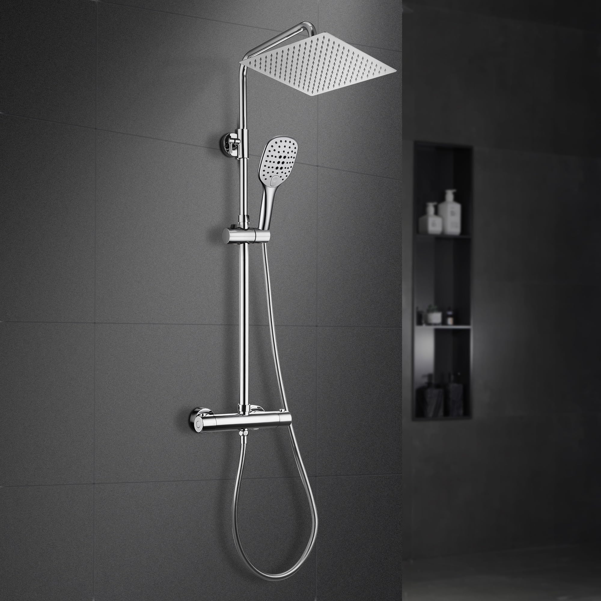 JOHO pflegeleichte Kopfbrause groß 40cm Regendusche Duschkopf aus 304 Edelstahl mit Bombenfester Brausearm Wandarm ⟮40 x 40cm/37cm⟯