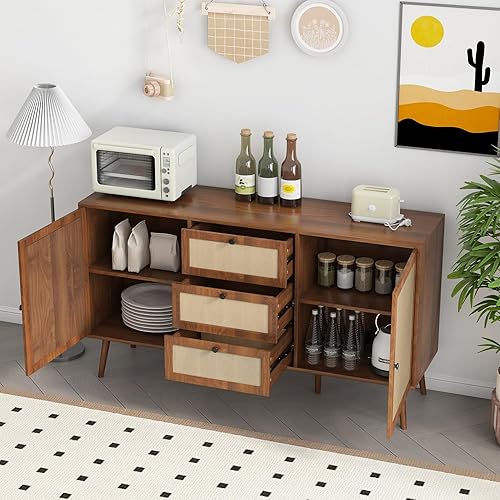 Miniatura 9 de IQCNGVX Aparador de ratán con almacenamiento bohemio con 2 puertas y 3 cajones, mesa de consola con estantes ajustables para comedor, sala de estar,