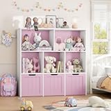 FOTOSOK Toy Storage Organizer with 3 Movable Drawers, Floor Storage Cabinet Toy Chest with Hidden Wheels and 5 Storage Cubbies, Multifunctional Storage Chest for Living Room, Home Office, Pink