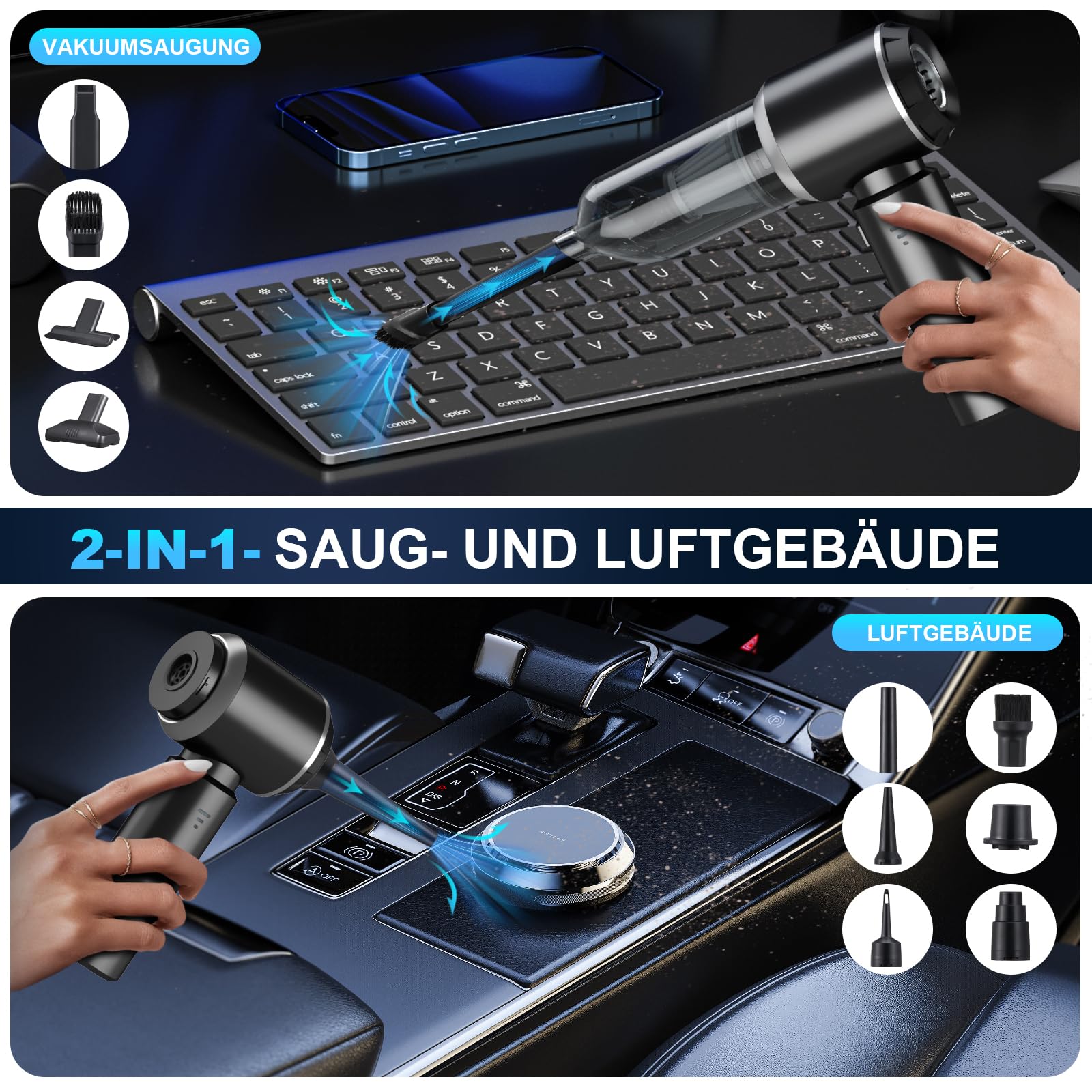 2-in-1 Handstaubsauger Akku 28000PA Kabellos Auto Staubsauger Stark 3-Gang 240000 U/min Elektrische Staubgebläse