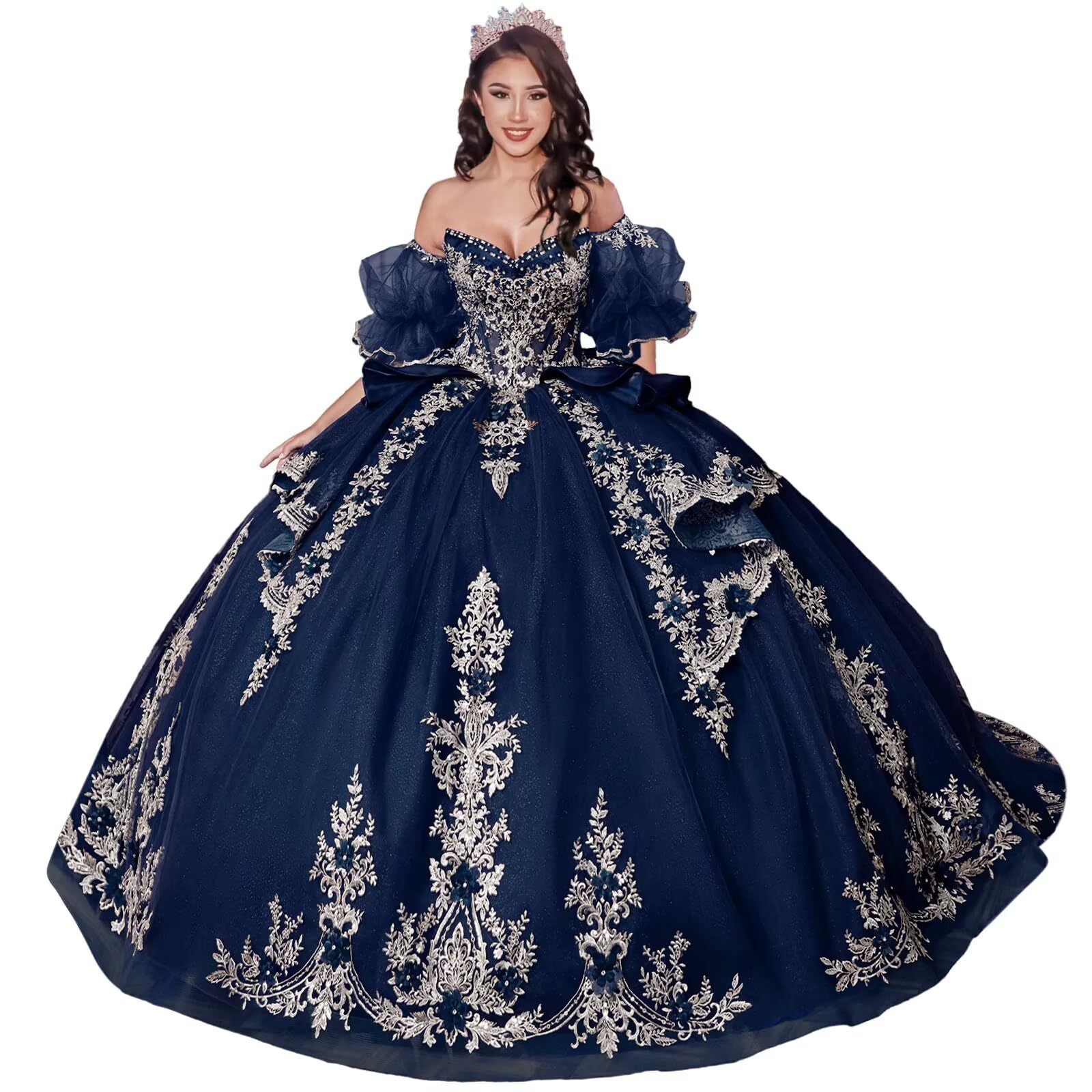 Zhangyo Sparkly Tulle Quinceanera Dresses Puffy Sleeve Sweet 15 16 Dresses Gorgeous Lace Applique Beaded Ball Gown