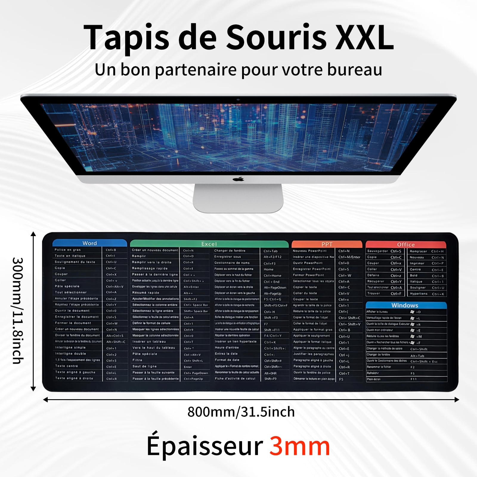 Tapis de Souris Raccourcis Excel 800x300 mm, Tapis de Bureau Étendu Formules et Raccourcis Clavier