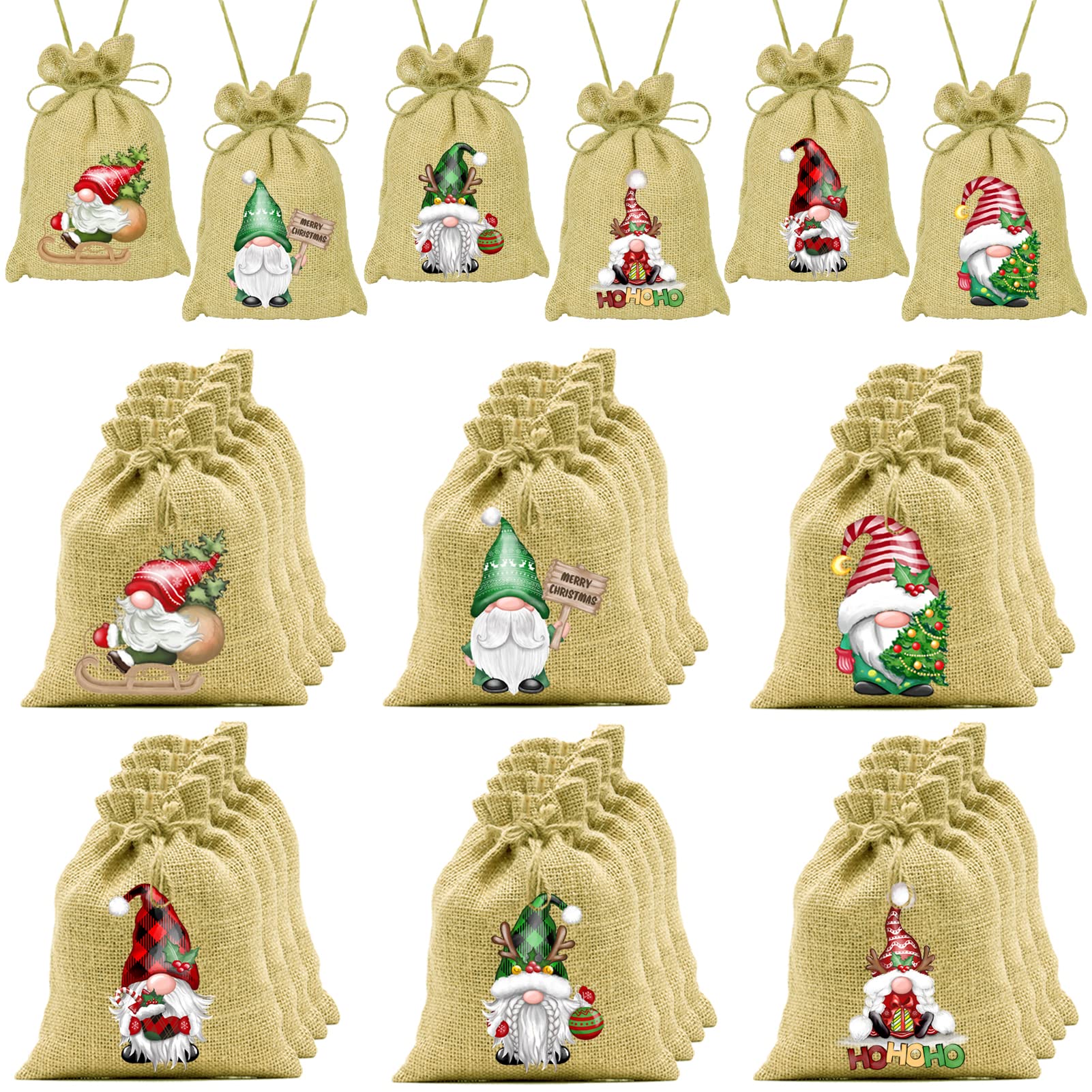 BORAMDO Christmas Burlap Bags with Drawstrings 24Pcs, Christmas Gnomes Jute Linen Bags, 6 Designs Christmas Gift Treat Candy Bags for Xmas Party Favors (Gnomes)…