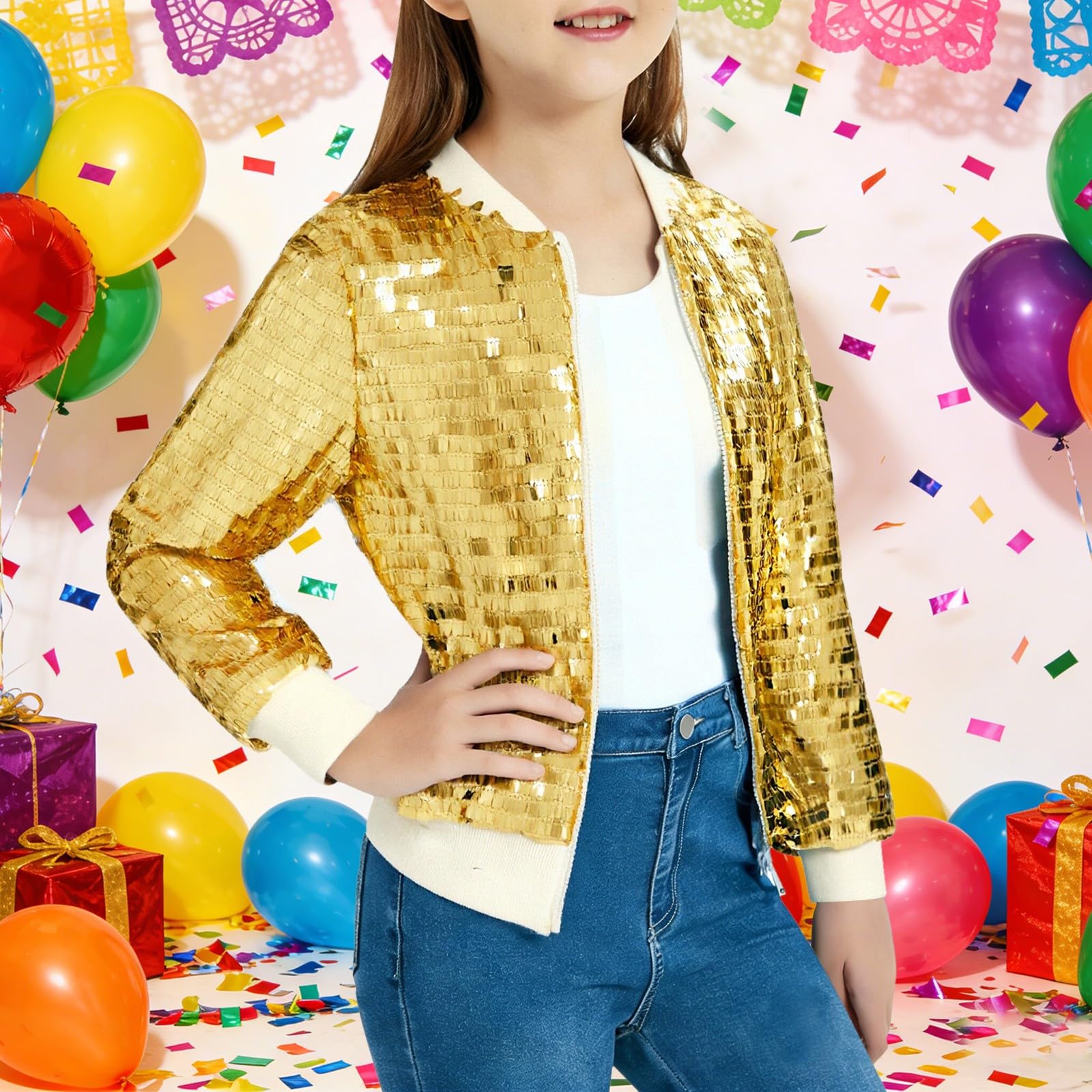 Chaquetas de lentejuelas para niñas, elegante chaqueta bomber de manga larga brillante, chaqueta de béisbol brillante con cremallera, abrigo festivo con purpurina para exteriores