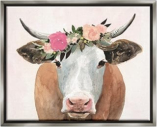 Stupell Industries Springtime Flower Crown Farm Cow with Horns, Design by Victoria Borges
