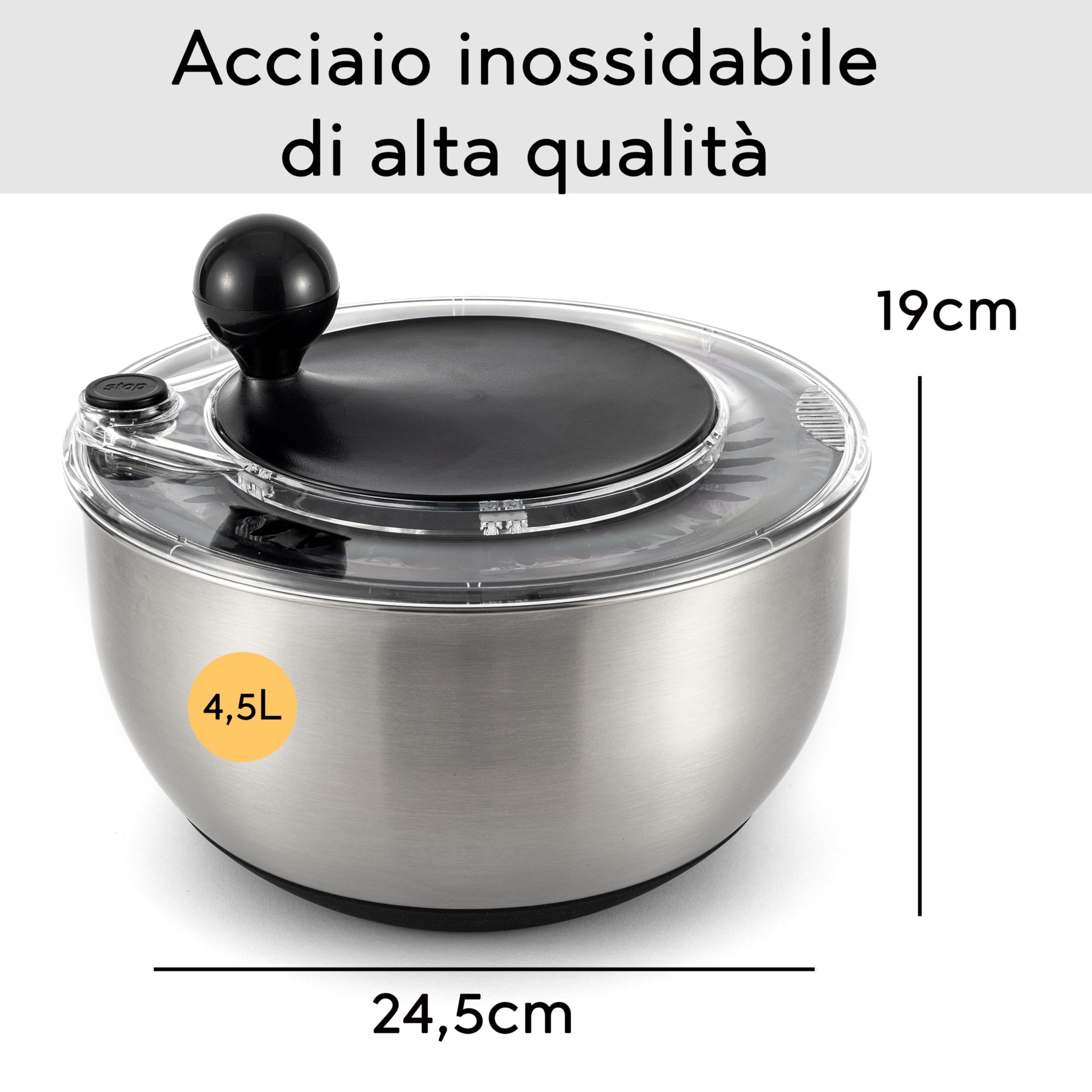 Hanseküche Centrifuga da insalata in acciaio inossidabile – Ø24,5x19cm Centrifugare,servire e conservare in un unico Salad Spinner privo di BPA,Grande capacità di 4,5 litri con azionamento a manovella