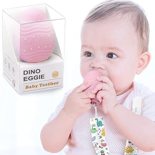 Juguete de dentición de huevo de dinosaurio para bebé, hecho con 100% silicona de grado alimenticio para bebés niños y niñas de 2 meses (rosa)