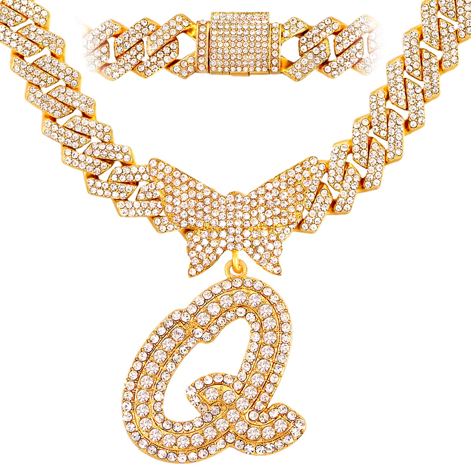 JNCTCOE Cuban Link Chain for Women Cursive Silver Initial 14MM Diamond Prong Cuban Chain Hip Hop Iced Out Chain Necklace Butterfly Initial Letter Name