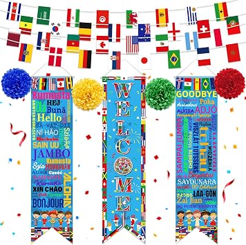 8PCS World Flags Banner Decorations, Welcome International Banner Porch Sign with paper Pompoms Countries String Flag International Party Supplies for Around the World Soccer Sports Events Club Classroom Party Decor