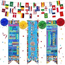 8PCS World Flags Banner Decorations, Welcome International Banner Porch Sign with paper Pompoms Countries String Flag International Party Supplies for Around the World Soccer Sports Events Club Classroom Party Decor
