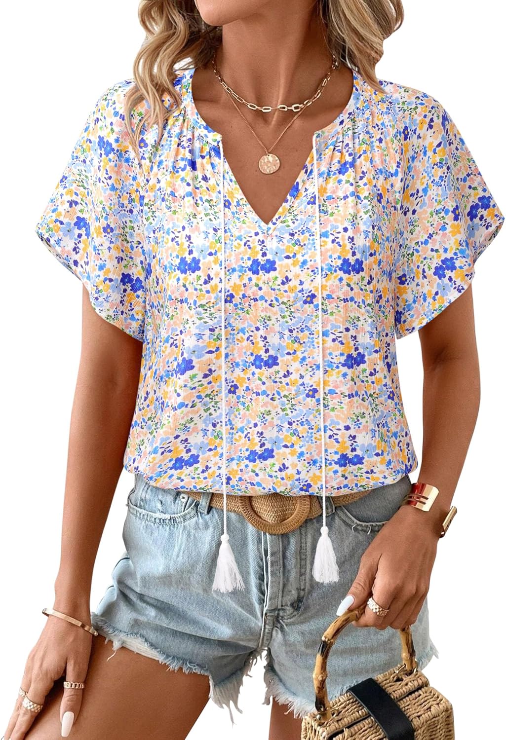 Unixseque Summer Tops for Women Casual Boho Blouses Short Sleeve V Neck Shirts Tie Front 2025 Trendy Beach Vacation Clothes - Image 4