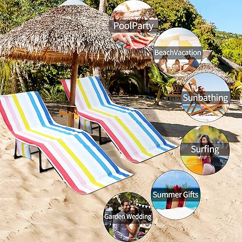 Miniatura 7 de Funda colorida para silla de playa con bolsillos laterales, acogedora, de secado rápido, a rayas, para piscina, playa, jardín, hotel, tomar el sol