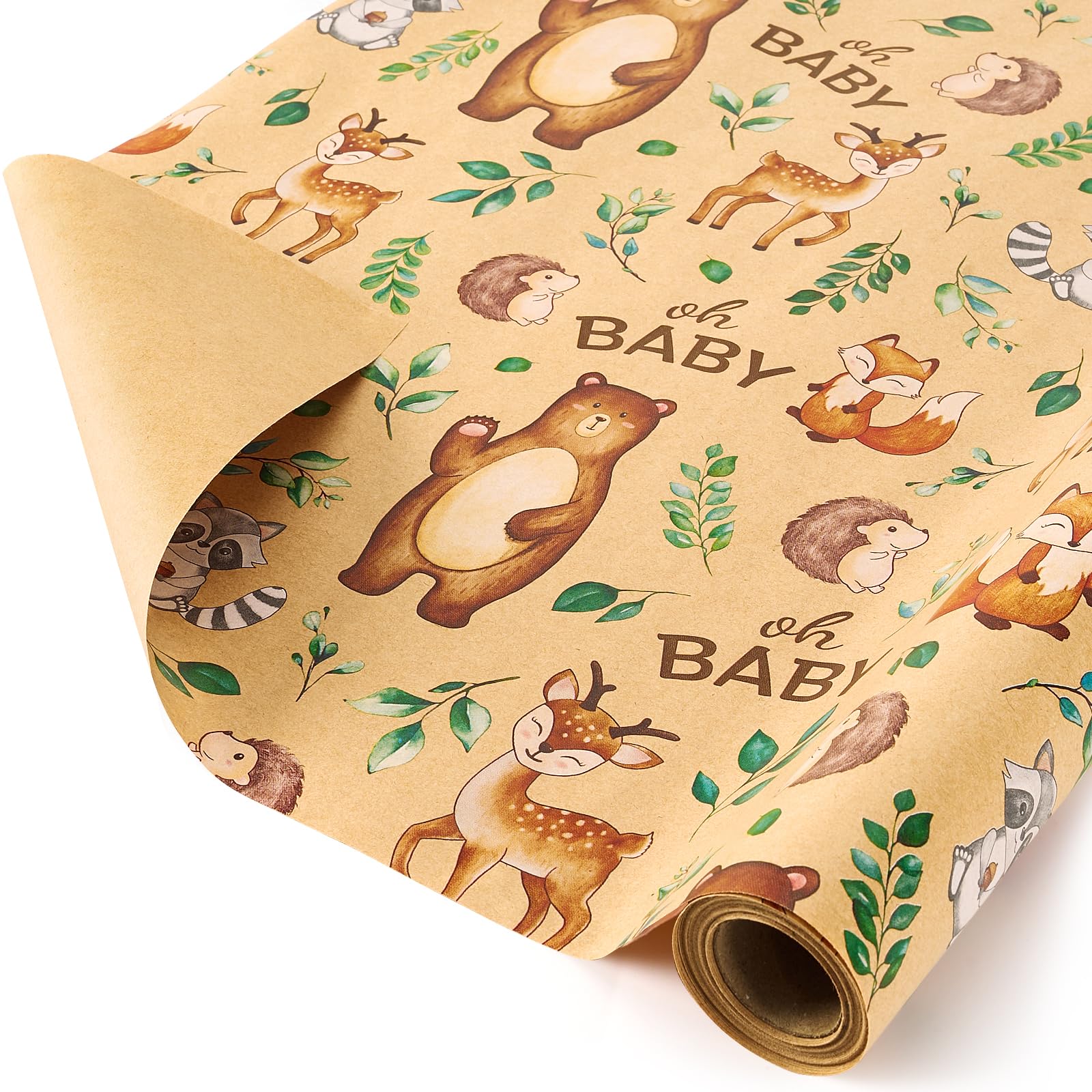 WERNNSAI Baby Shower Kraft Wrapping Paper Roll - 1 Roll 17” x 33 ft Baby Shower Wrapping Paper Roll Kids Baby Birthday Gift Wrap Roll Wrapping Paper Woodland Animals Design Bday Party FavorClimatePartner certified