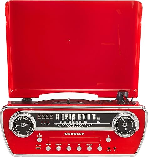 Miniatura 13 de Crosley CR6047A-RE Powel - Reproductor de discos de vinilo Bluetooth 7 en 1 con radio AMFM, reproductor de CD y entrada auxiliar, rojo