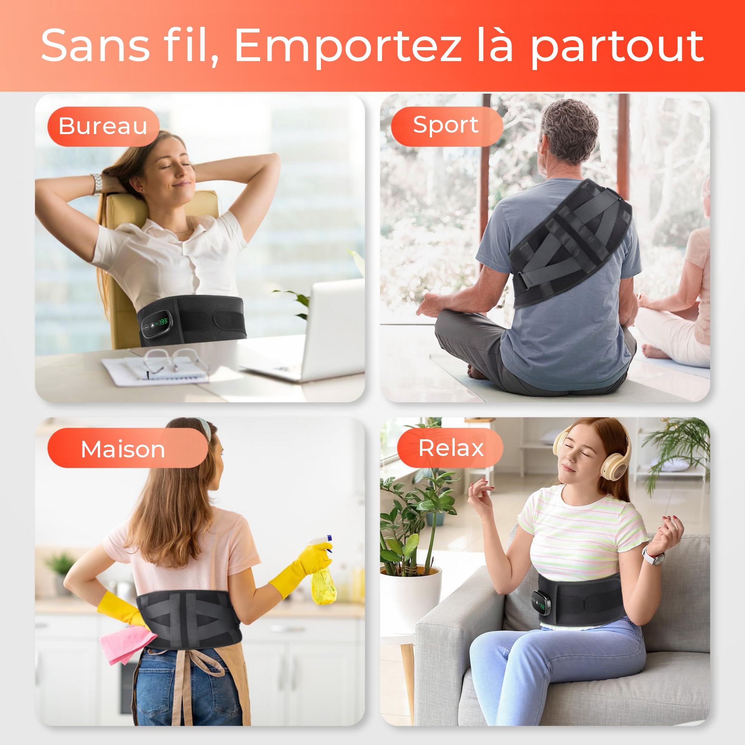 Ceinture de Massage Chauffante Pour Douleur Lombaire Sans Fil, Massage Du Dos, Shiatsu, Ceinture De Soutien Lombaire, Soulage Le Mal De Dos, Sciatique, Lombalgie, Douleur Menstruelle Coussin Chauffant