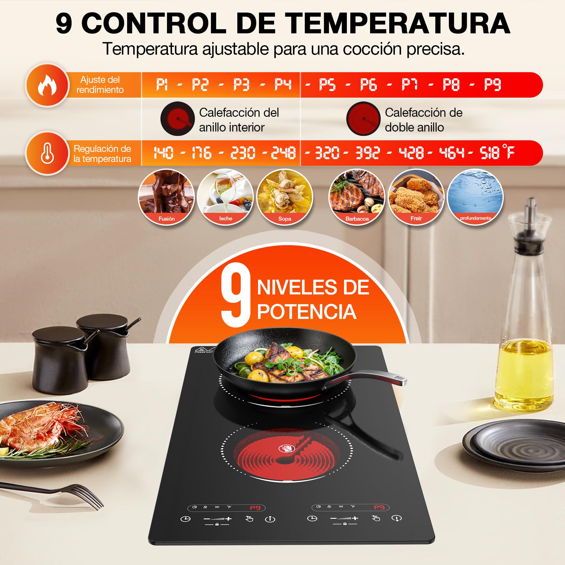VBGK Placa Vitrocerámica 2 Fuegos con Enchufe, 3000W Placa Electrica Cocina Empotrable, 9 Niveles de Potencia, Temporizador, Bloqueo Niños, Compatible con Todos los Utensilios, 220-240V