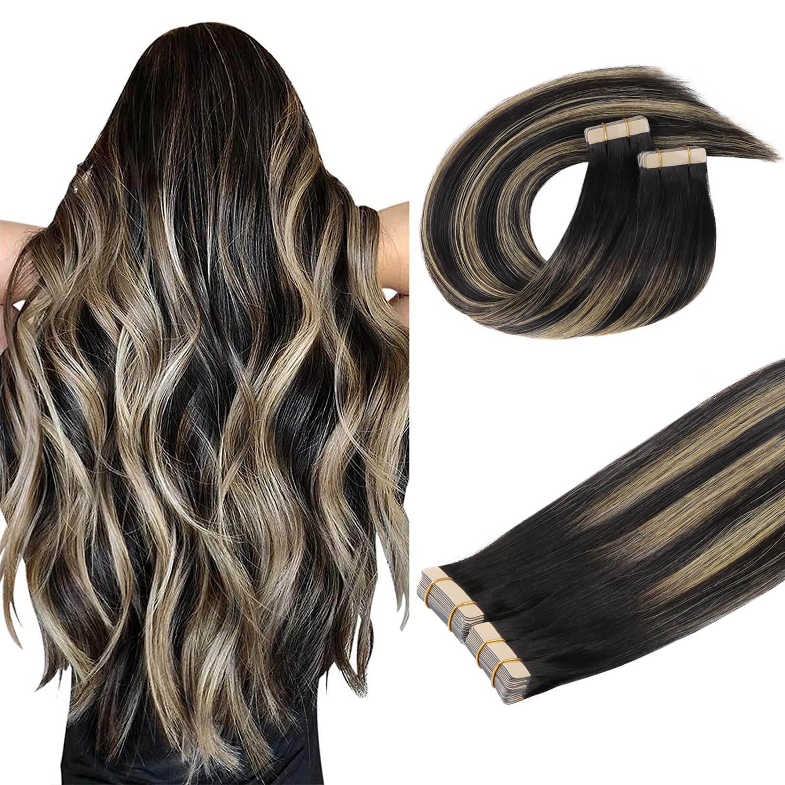 DOORES Human Hair Extensions Tape in, Balayage Natural Black to Light Blonde 22 Inch 100g 40pcs, Tape in Hair Extensions Remy Hair Extensions Straight