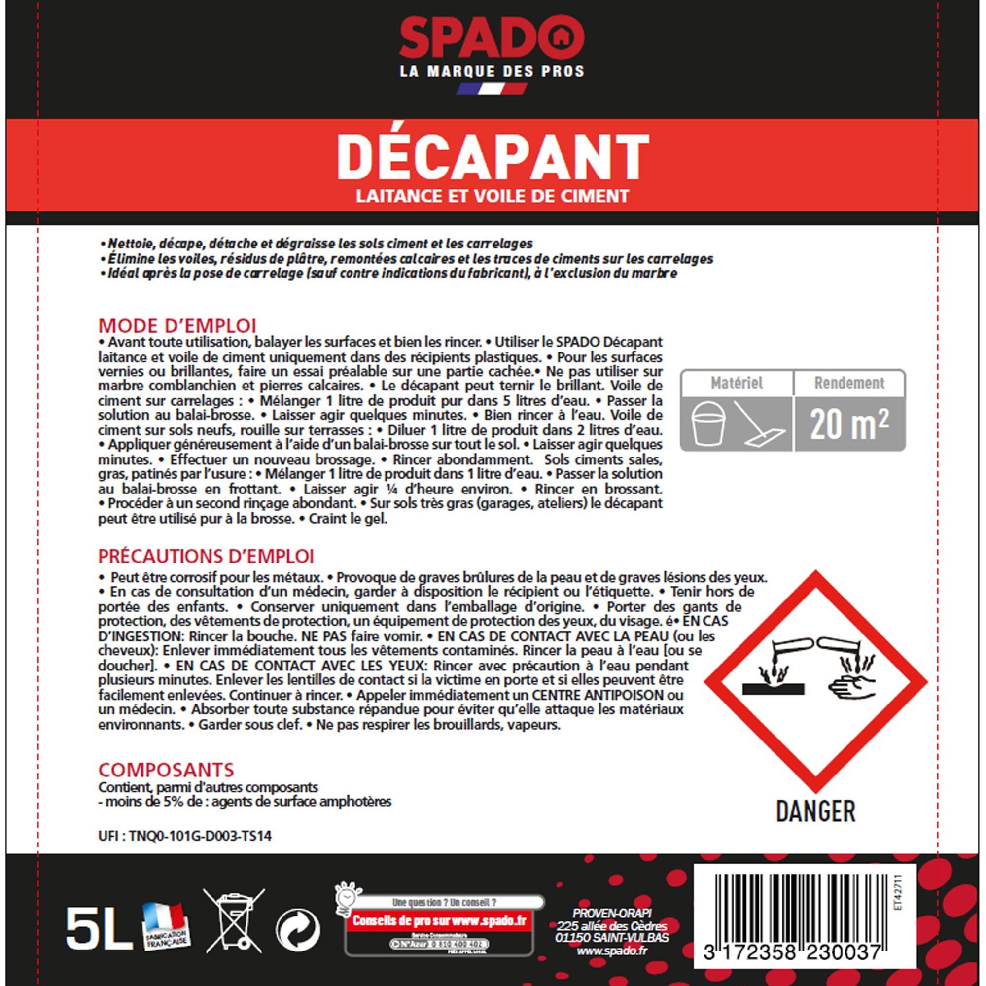 SPADO Décapant laitance et voile de ciment 5 L Fabriqué en France