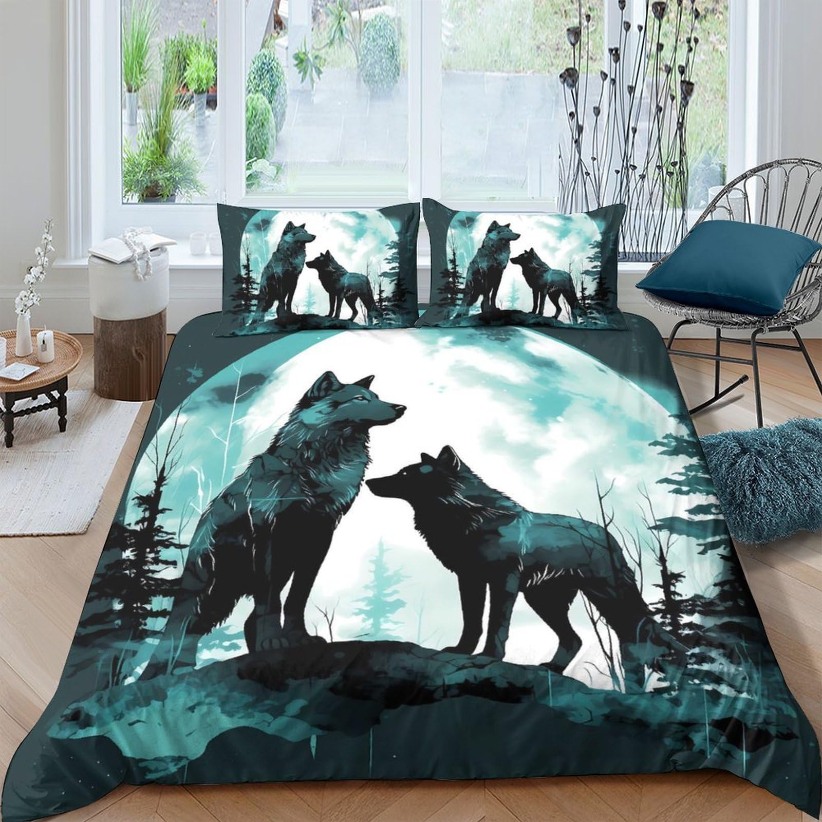 Ctjqhvkz Style-3 3D Printed Wolf Moon Fitted Sheet Microfiber Silky Soft Forest Night Bed Cover Non-Slip Bedroom Decor Machine Washable Single（135X200cm）