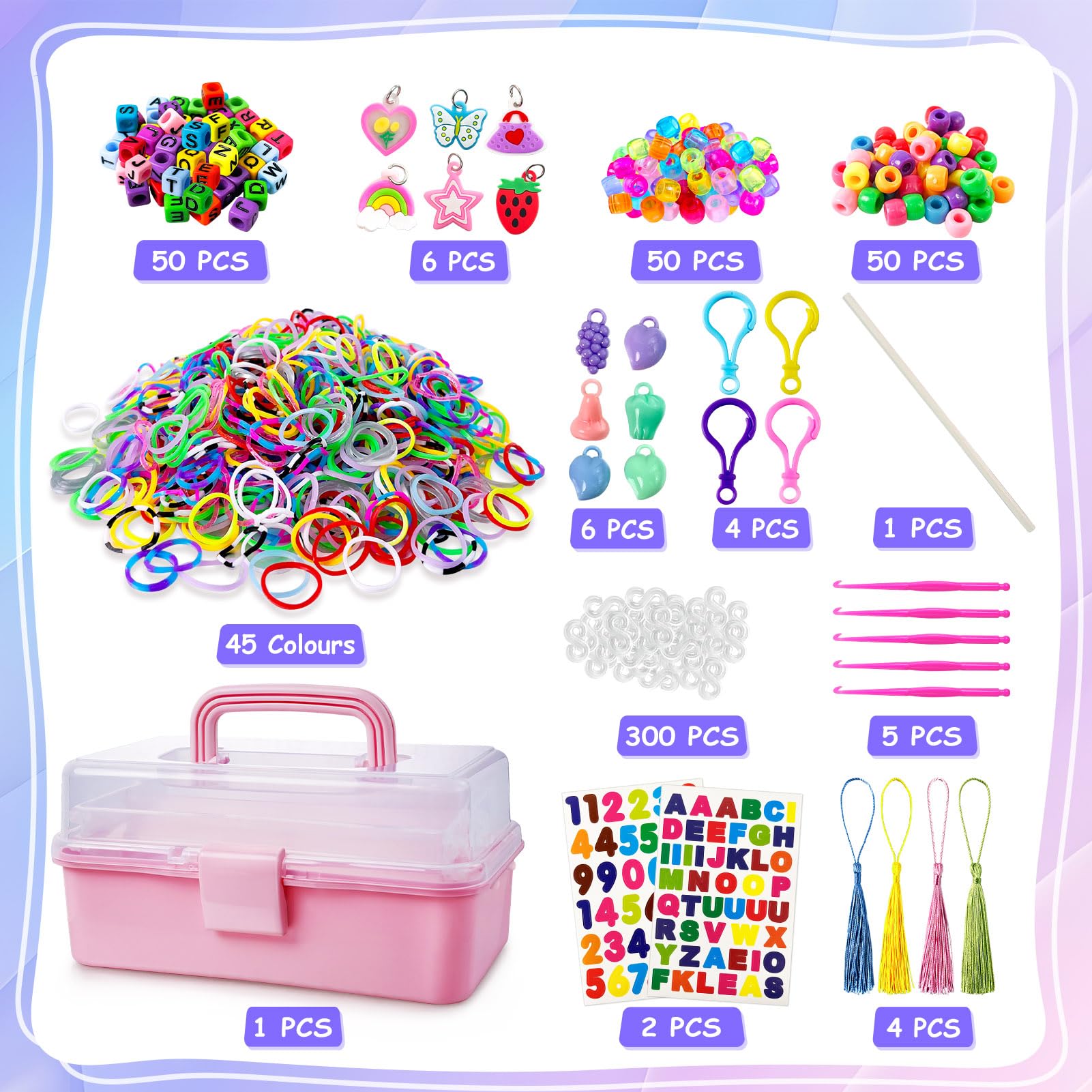 ROSHUKG 45 Colours Loom Bands Kit with 3 Layer Container, Rubber Bands Bracelet Making Kit for Boys Girls Weaving Gift(Pink) - Image 2