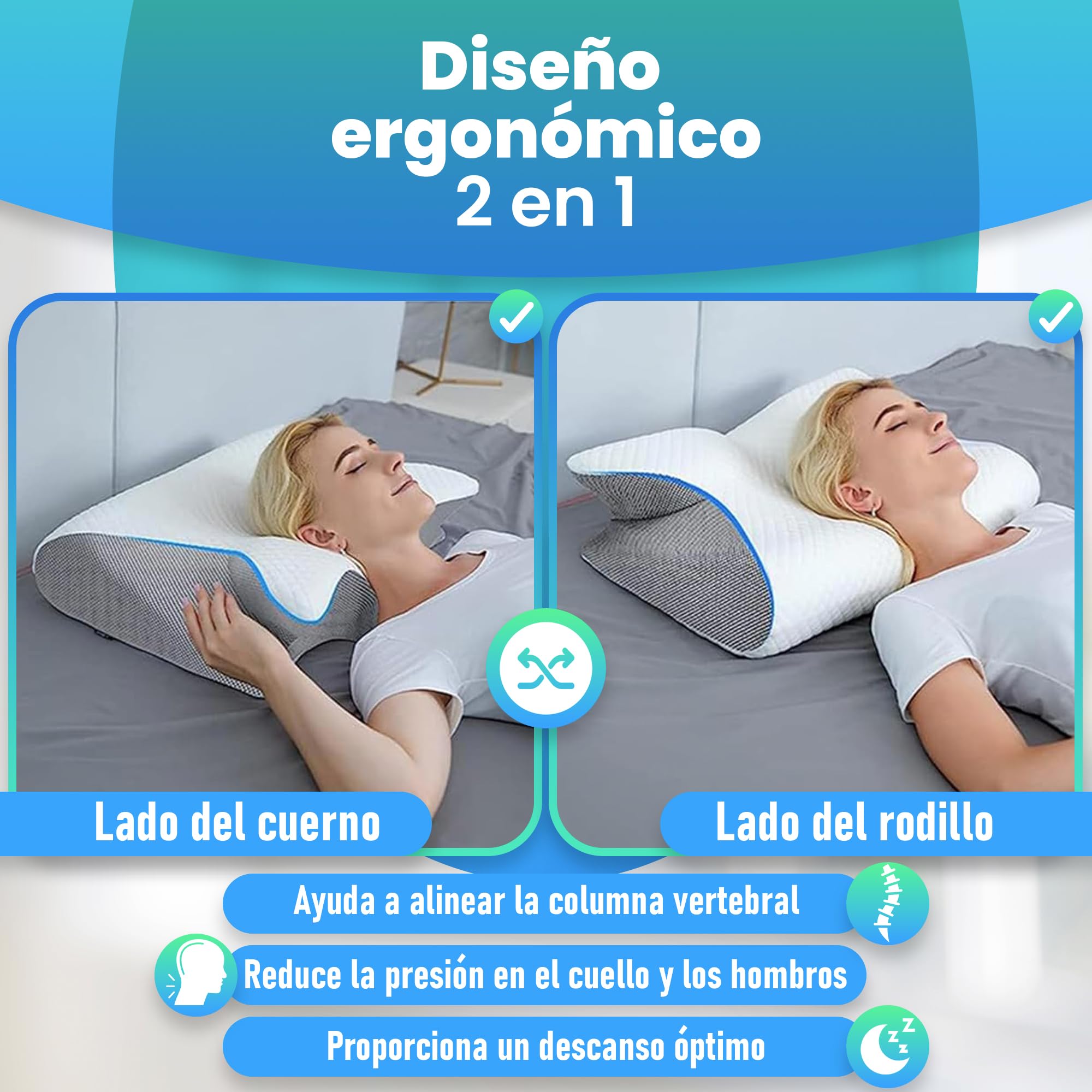 GreatDreams® Almohada Ortopedica Cervicales y Cuello - Almohada Antironquido Ergonómica con Espuma de Memoria - Butterfly Pillow para Dormir de Lado - Alivia Dolor de Cuello y Espalda.