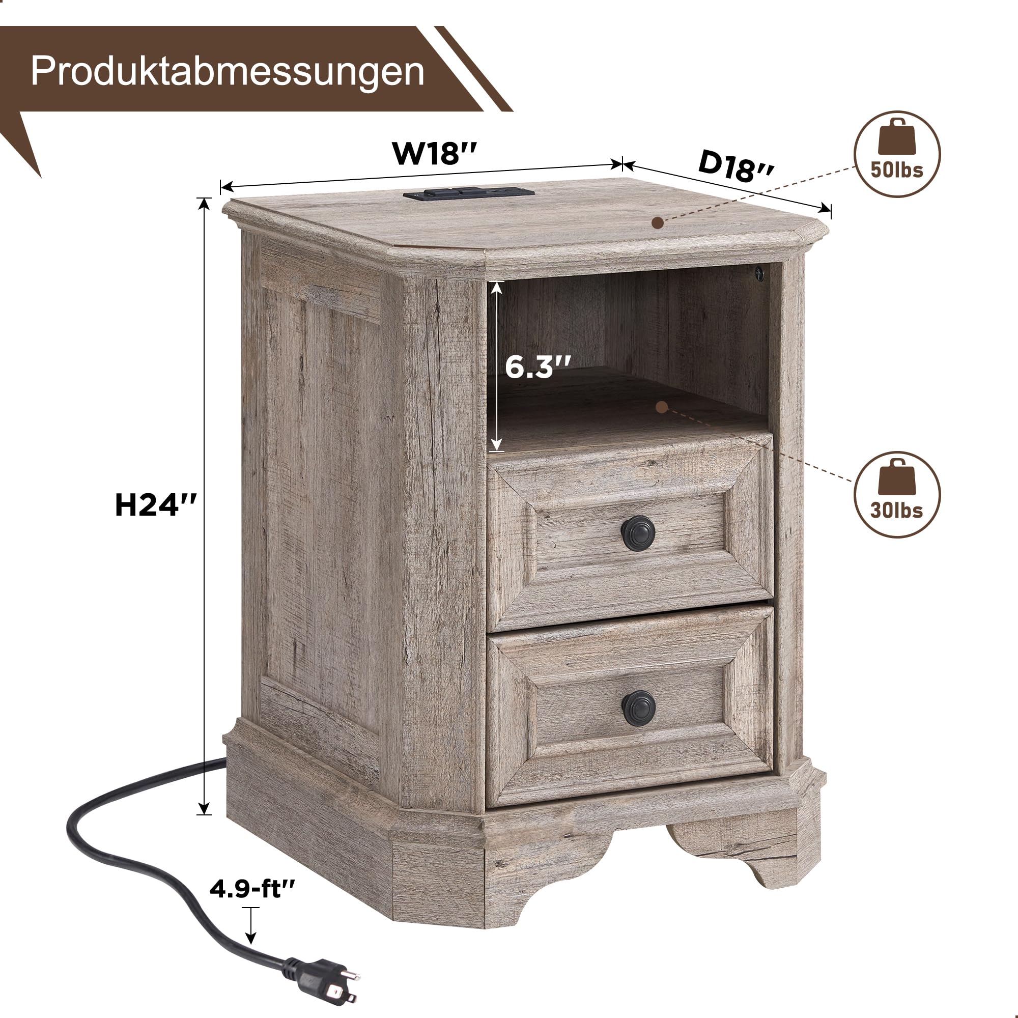 Comodino in stile rustico con stazione di ricarica, 45 cm, con 2 cassetti, in legno, per camera da letto e soggiorno (rovere rustico chiaro)