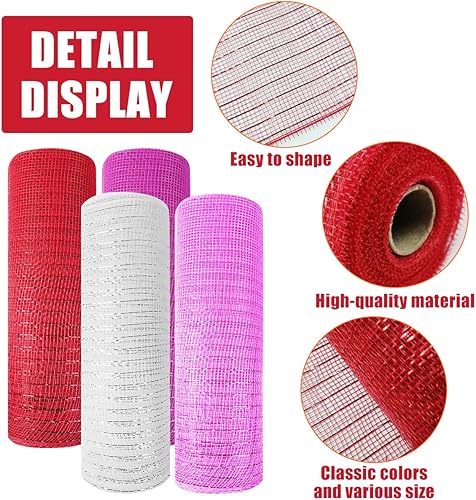 Miniatura 3 de Cieovo 4 rollos de cinta de malla de polietileno para el día de San Valentín, con borde con alambre, 10 pulgadas x 30 pies, cinta de malla de Navidad