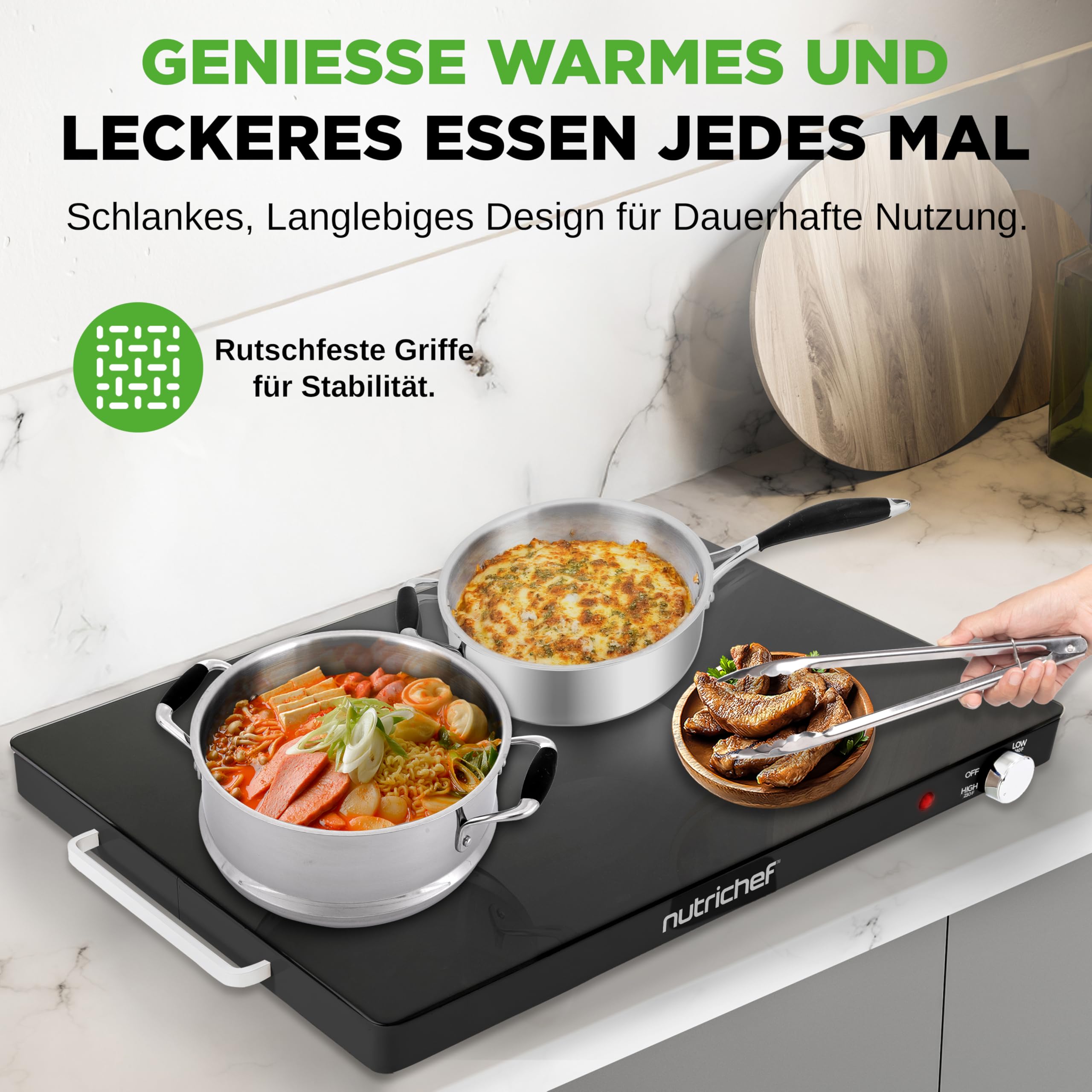 NutriChef Kochplatte elektrisch – Warmhalteplatte 54×42 cm mit Temperaturregelung 60–110 °C, 180 W Warmhaltebehälter für Buffet, Grillgut & Party - Sicher, Energiesparend & Flach - Schwarz