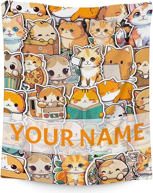 Personalized Cat Blanket Gifts with Name - 30"x40" Cute Throw for Kids & Adults - Yellow Soft Fuzzy Blankets for Couch & Office