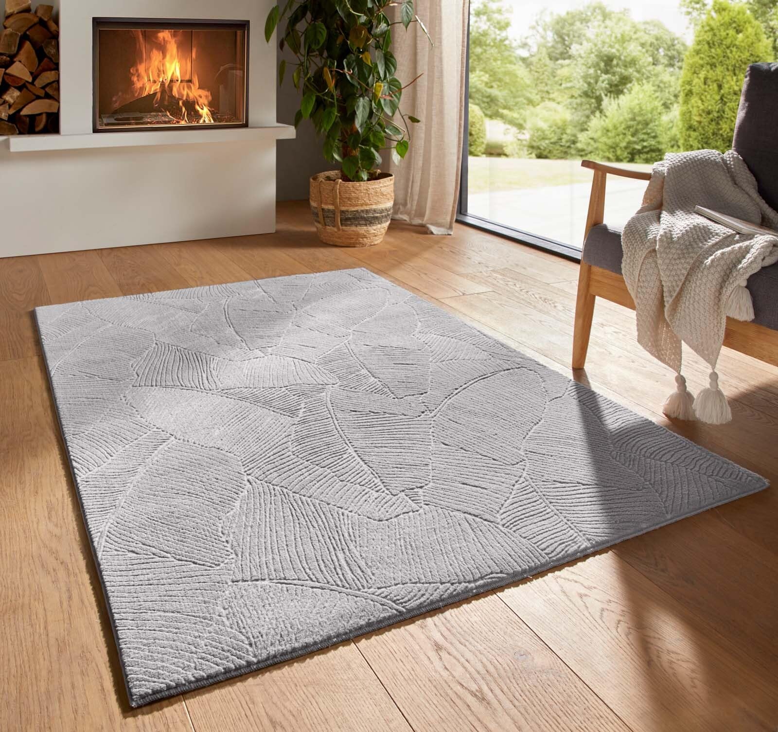 Taracarpet Kurzflor Boho Skandi Polyester Teppich in 3D Optik waschbar, pflegeleicht und robust ideal fürs Wohnzimmer, Schlafzimmer und Kinderzimmer auch als Badematte Grau Blätter 160x230 cm