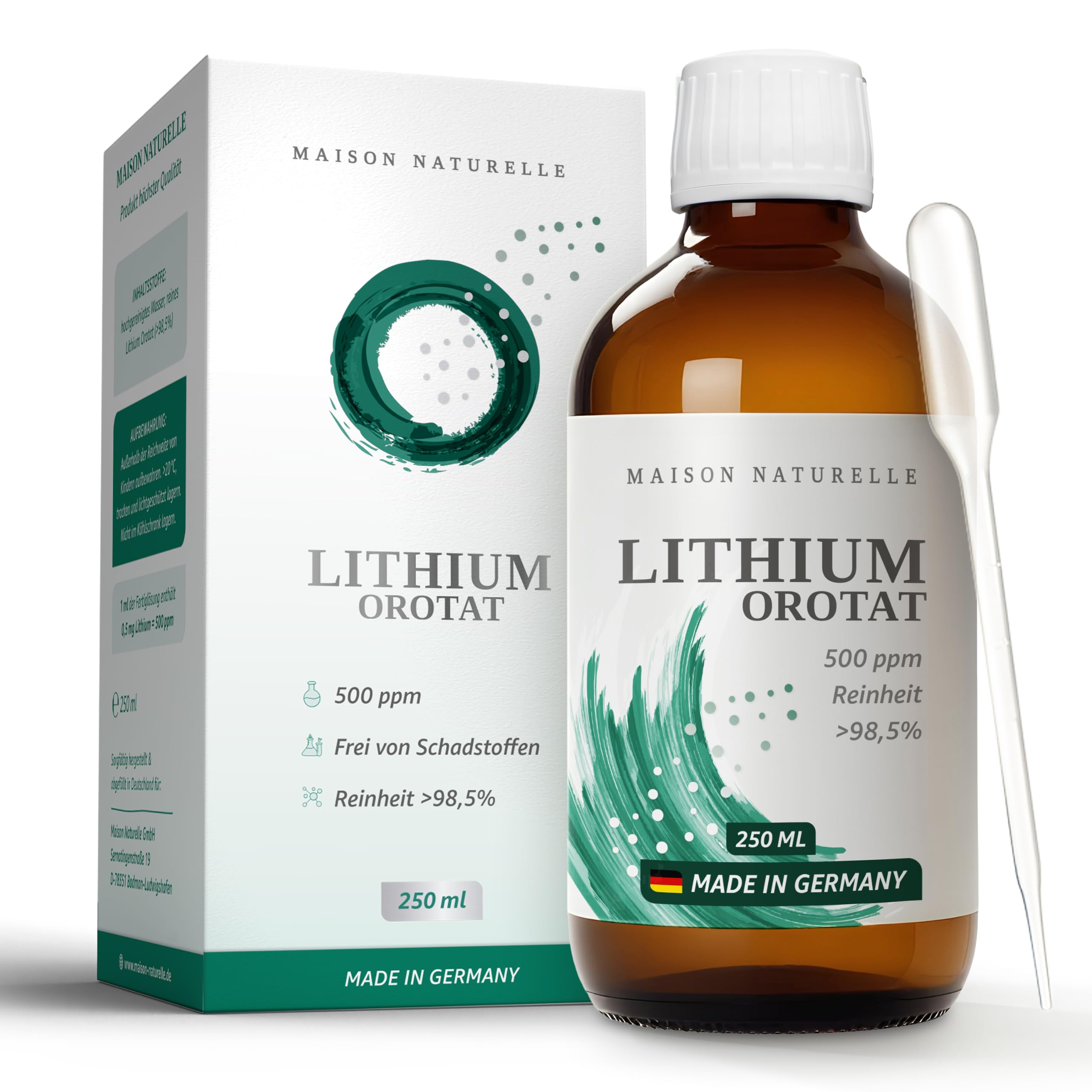 Maison Naturelle ® flüssiges Lithium (250 ml) - Lithium Tropfen 0,5 mg – 500 ppm Fertiglösung mit über 98,5 % Reinheit (250 ml (1er Pack))