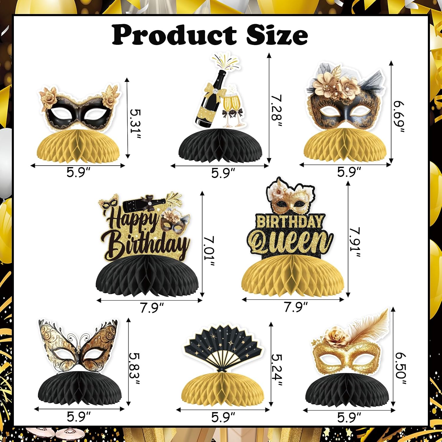 8 Pieces Masquerade Birthday Honeycomb Centerpieces Black Gold - Masquerade Ball Themed Party Decorations for Women, Carnival Dance Table Toppers Photography Background Supplies