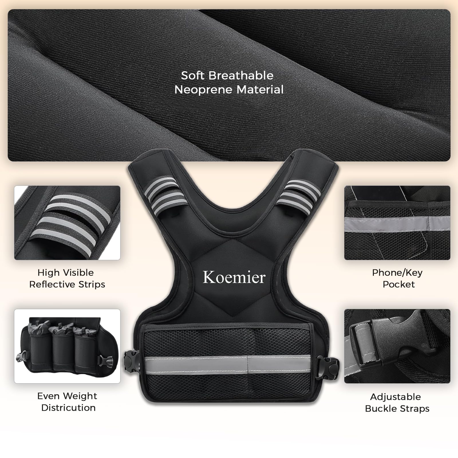 Chaleco con peso ajustable para hombres y mujeres, 1.8-4.5 kg/5.4-9.1 kg/9.1-14.5 kg con 6 pesos de arena de hierro con rayas reflectantes para entrenamiento de fuerza, correr, fitness