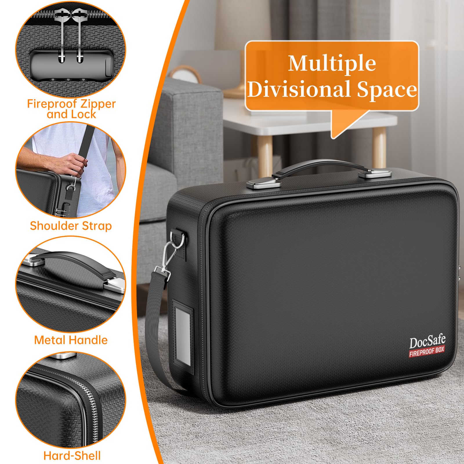 DocSafe Scatola portadocumenti ignifuga con serratura e tracolla, custodia rigida organizer con cartella a fisarmonica, multi-strato, portatile, per casa, ufficio, viaggi, archiviazione sicura per