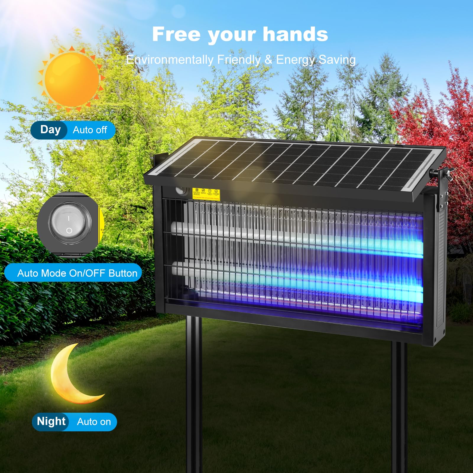 Solar Insektenvernichter - 15W 4500V Elektrischer Insektenvernichter Solar mit 6000mAh Akku Wasserdicht IP65, Mückenschutz Mit LED-Licht für Terrasse, Garten, Camping Innen und Außenbereich