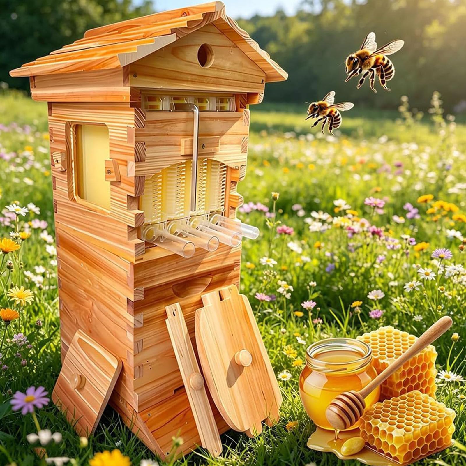PixCy Beehive Starter Kit,Self-Flowing Wooden Bee Box,with Observation Window and Honey Spout,Self-Flow Hive Beehive Starter Kit,for Beekeeping,Garden Pollinators