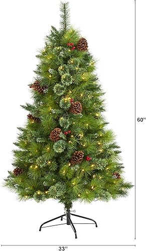 Miniatura 2 de Nearly Natural Montana - Árbol de Navidad artificial de pino mixto con piñas, bayas y 250 luces LED transparentes