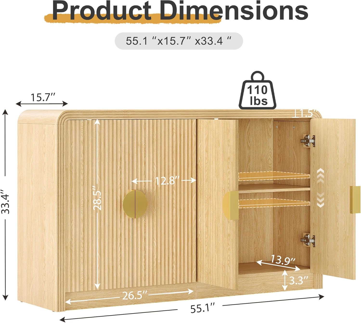 Decofy 55" Sideboard Buffet Cabinet, Mid Century Modern Console Cabinet with Wavy Grain Doors & Adjustable Shelves for Kitchen Buffet Cabinet, Entryway, Living Room, Coffee Bar Cabinet (Natural Oak)