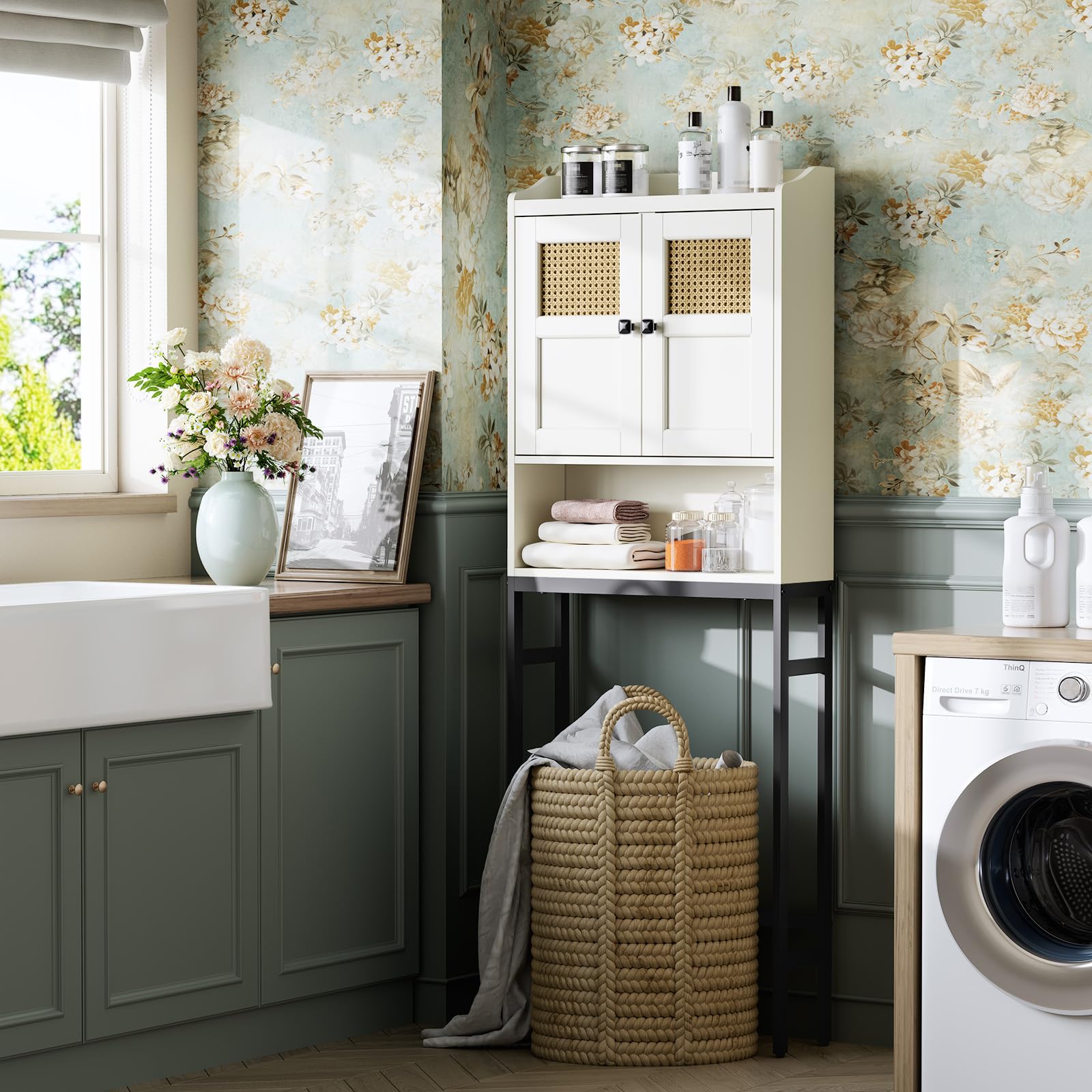 Rattan-Aufbewahrungsschrank Für über Der Toilette – Badezimmer-Organizer Mit Metallgestell, Verstellbarem Regal