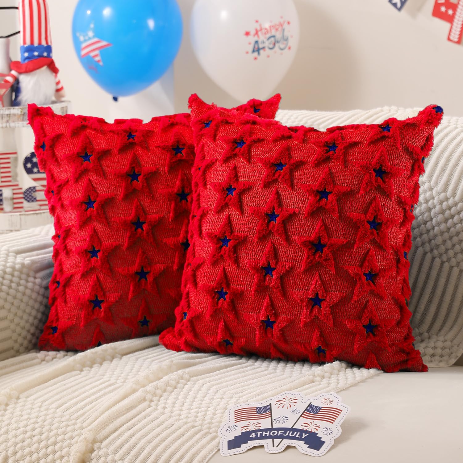 DFXSZ 4th of July Pillow Covers 20x20 inch Set of 2 4th of July Decor Blue Embroidery Star Decoration Soft Plush Faux Fur Jacquard Throw Pillows Independence Day Decorations for Home Sofa PTK027C20