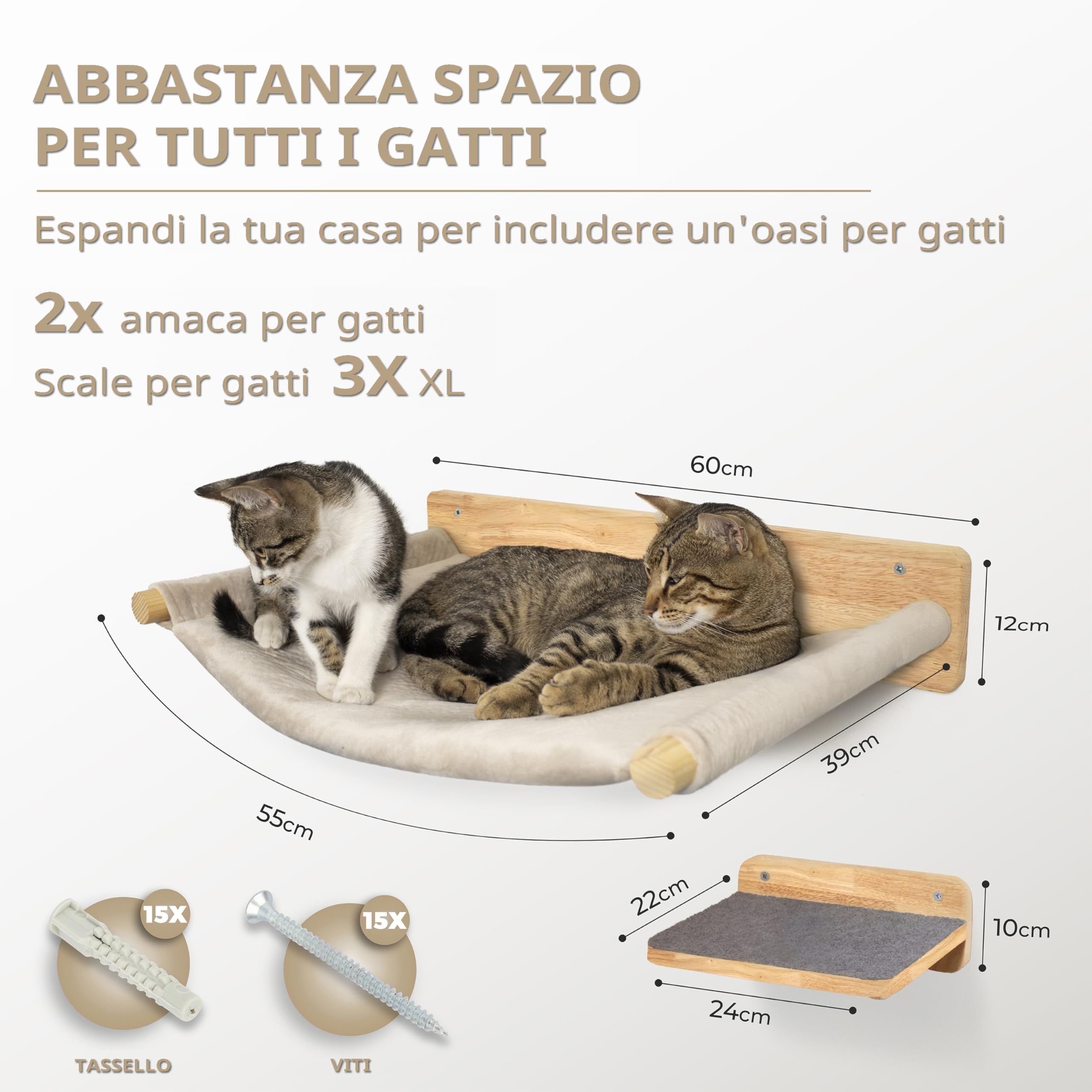 WOOWOOD Parete da arrampicata per gatti con 2 scale, albero tiragraffi amaca e mobili per gatti