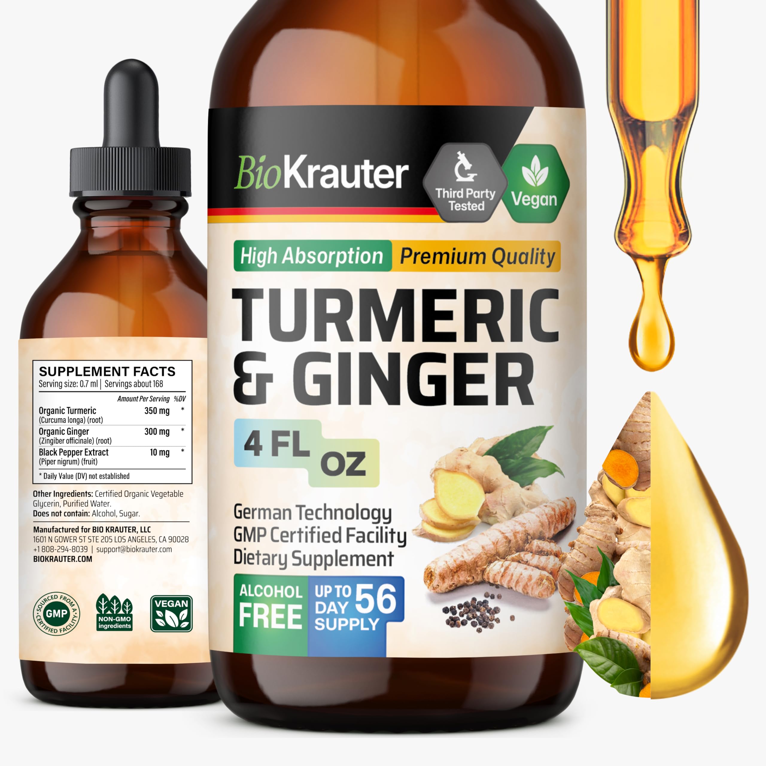 BIO KRAUTER Turmeric and Ginger Supplement Tincture - Curcumin Immune Support Drops - Turmeric Supplement with Black Pepper - Vegan Formula - 4 Fl.Oz.