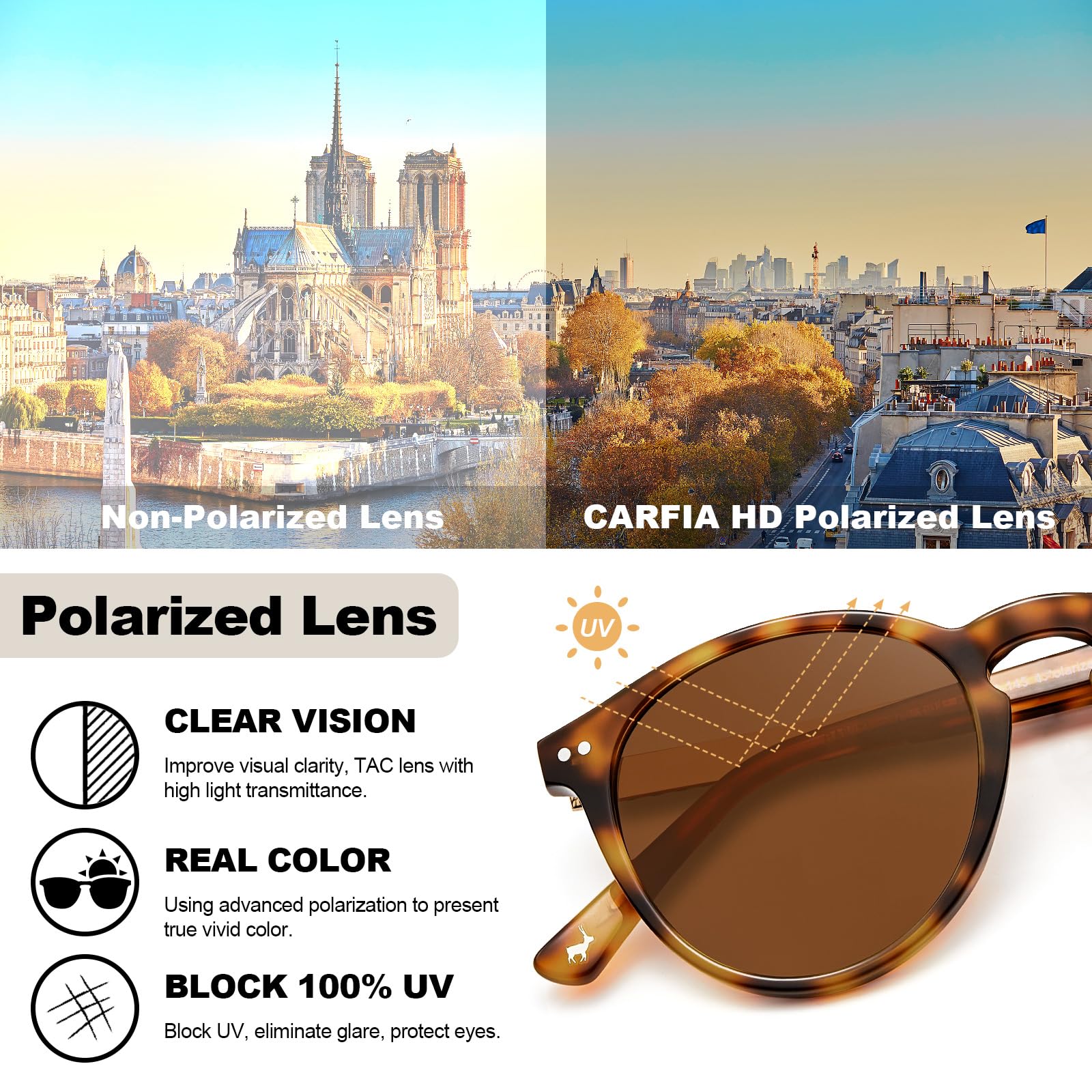 Carfia Vintage Occhiali da sole Donna, Occhiali Polarizzati Rotondi di alta Qualità con Protezione UV 100% CA5201