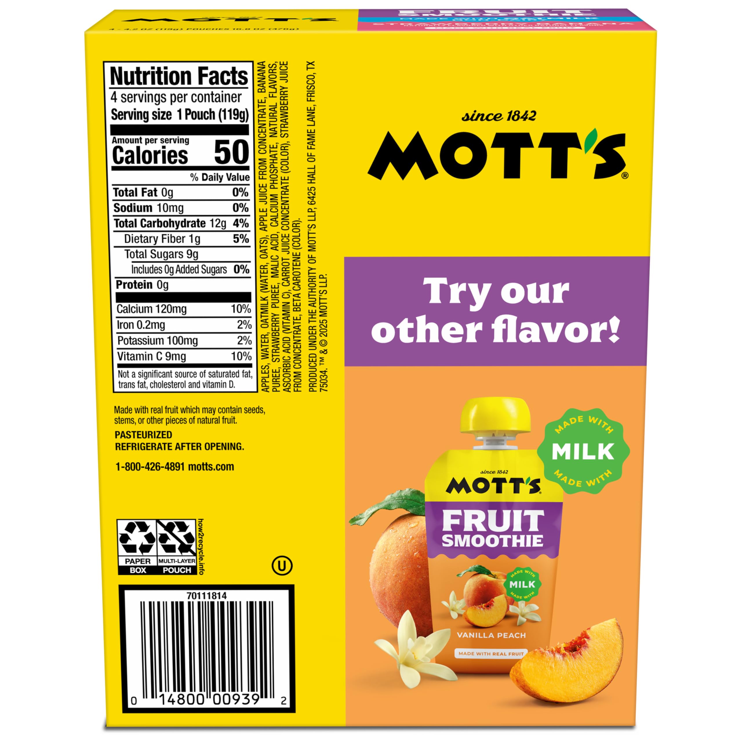 Mott’s Fruit Smoothies Strawberry Banana, 4.2 oz clear pouches, 4 Pack, Non-dairy, Made With Oatmilk, Made With Real Fruit, Good Source of Calcium, On-the-Go