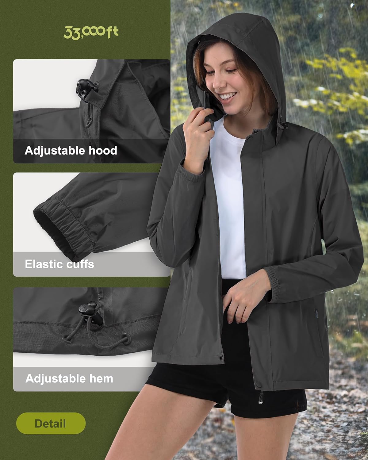 33,000ft Women's Rain Jacket Waterproof Lightweight Packable Raincoat with Hood for Golf Hiking Travel Windbreaker - Image 4