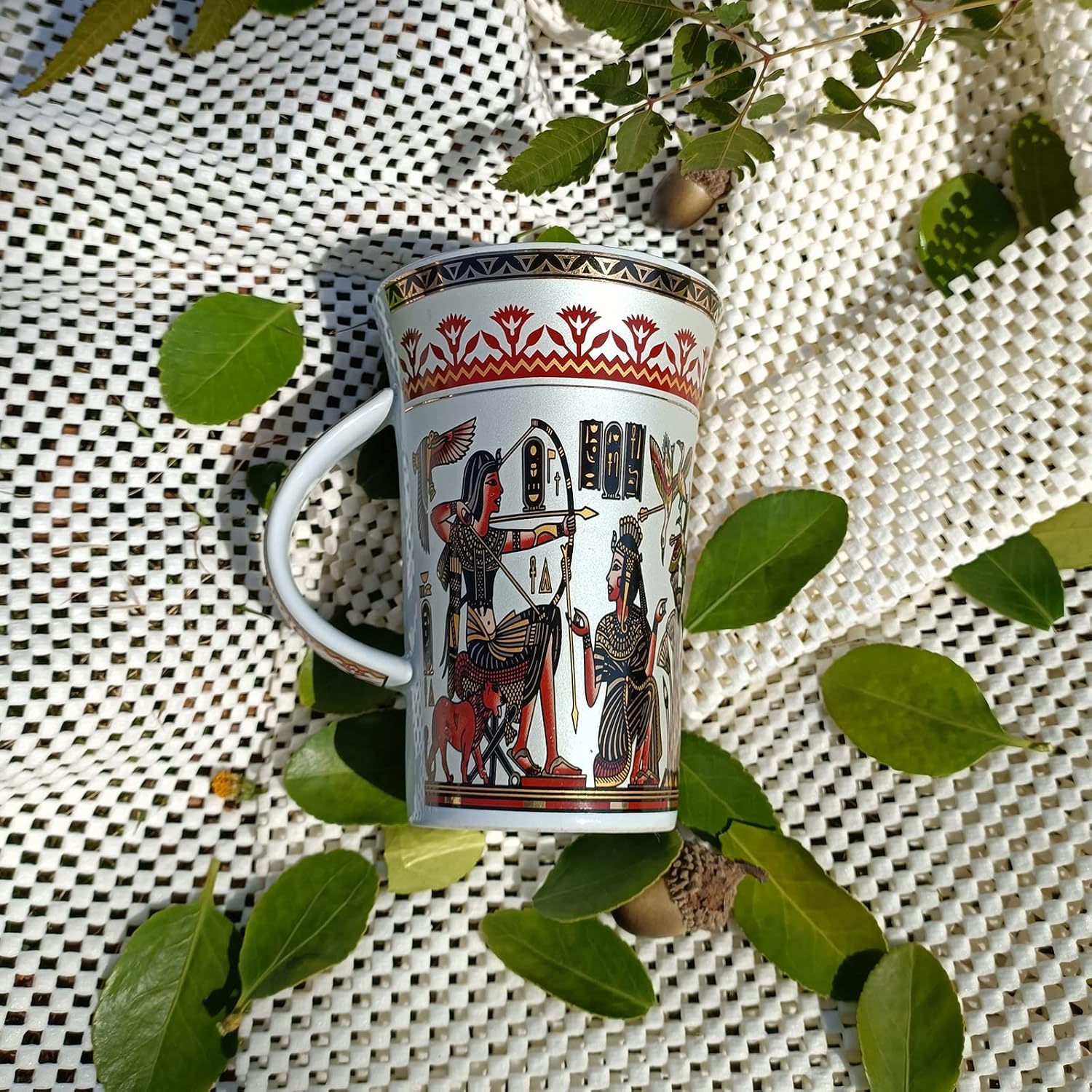 Egyptian Coffee Mug Large Tea Cup Golden Porcelain Ceramic Egyptian Theme Mug Presents Gift for Family Friends Home Office Dishwasher Microwave 350ml White and Yellow