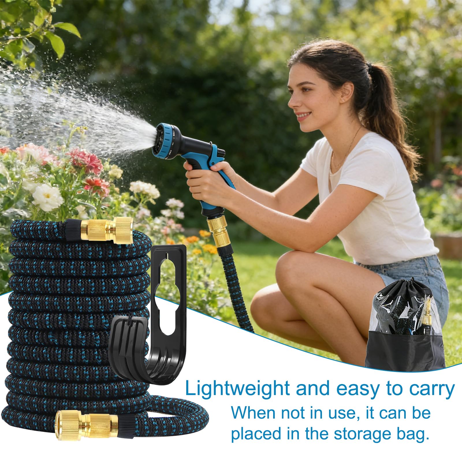 Tubo Estensibile da Giardino 15m, Tubo da Giardino Flessibile, Tubo Irrigazione Da Giardino con Pistola 10 Funzioni, Canna Acqua con Adattatori 1/2" 3/4", per Giardino e Lavaggio Auto